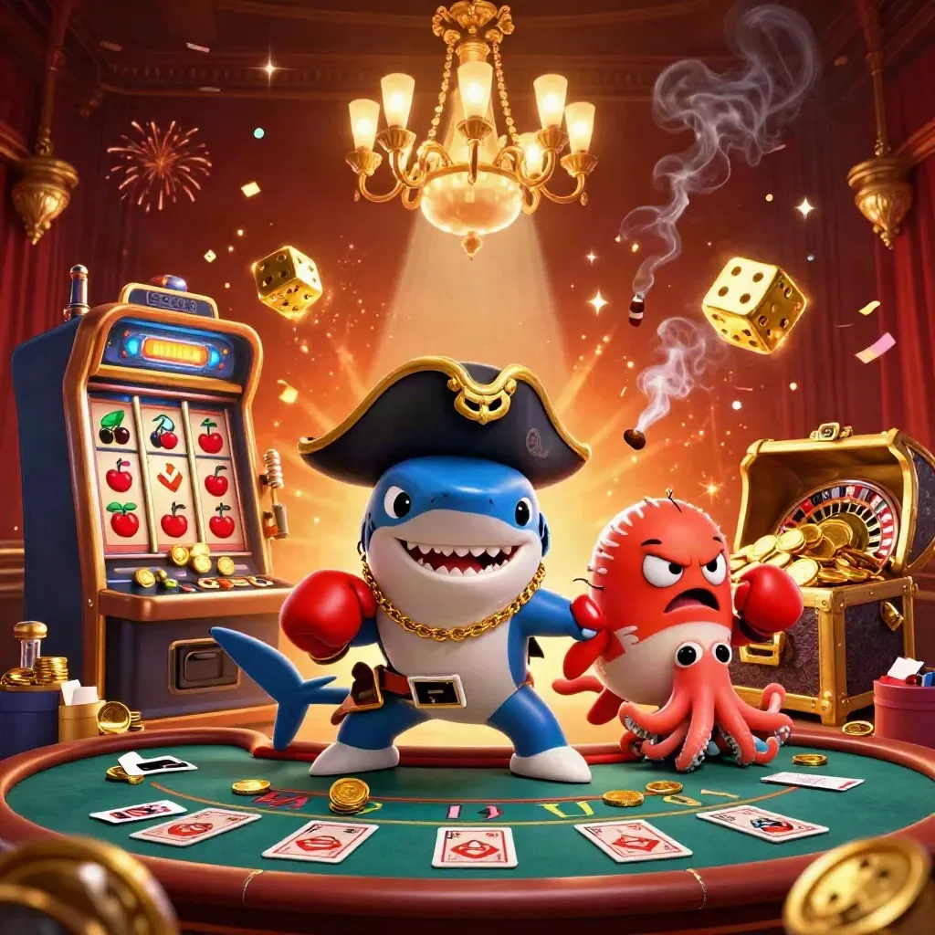 Pirate shark, boxing pufferfish and juggling octopus amid casino chaos and gold.