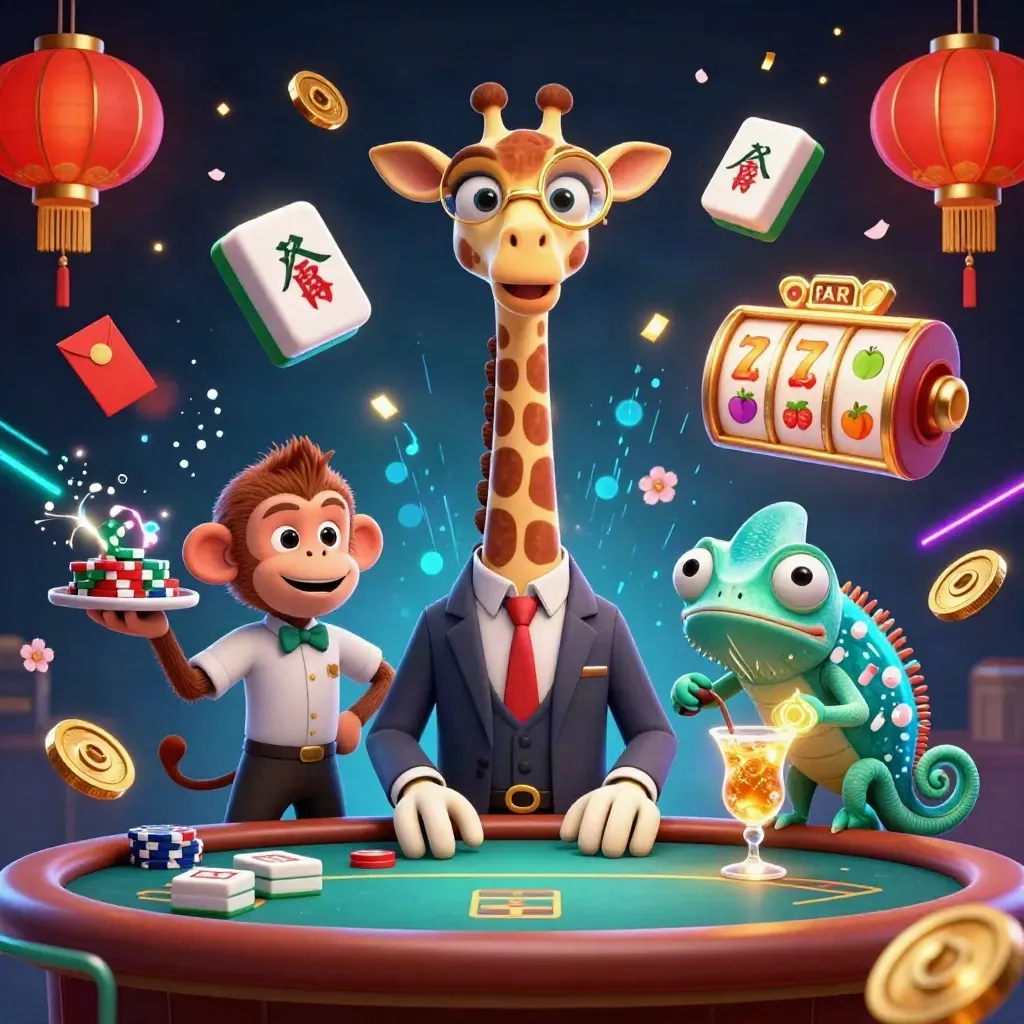 Giraffe, monkey valet, and chameleon bartender at a neon VIP poker table with casino treasures bursting out