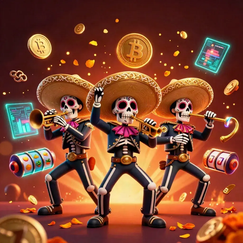 Skeleton mariachi trio with crypto coins and slot symbols in a glowing casino splash.