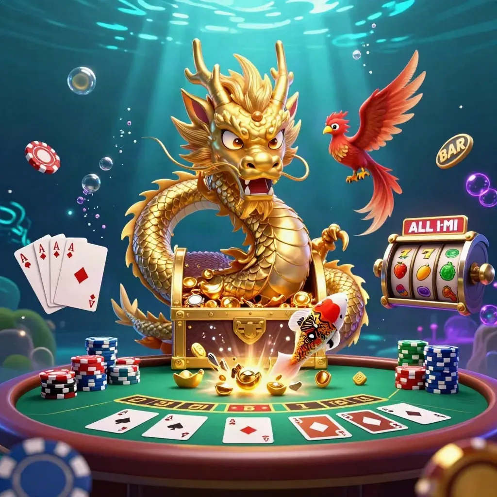 Golden dragon, phoenix, and koi amid chips, cards, reels, and underwater neon treasure glow