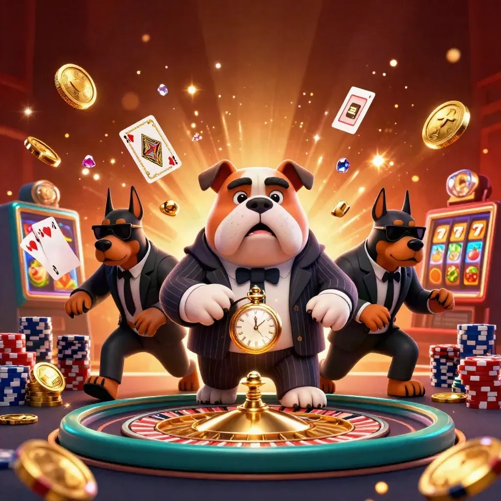 Bulldog boss and Dobermans amid coins, cards, chips and neon casino motion.