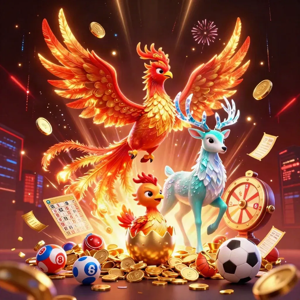 Fire phoenixes and a crystal stag burst from a vault with coins, prizes and casino flair.