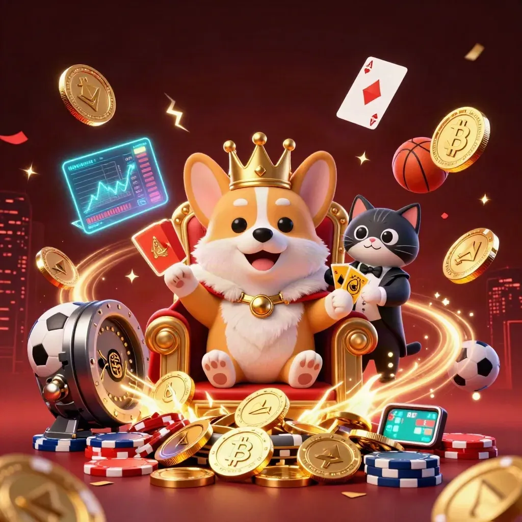 Royal corgi and cat butler amid coins, crypto, fireworks and casino energy.