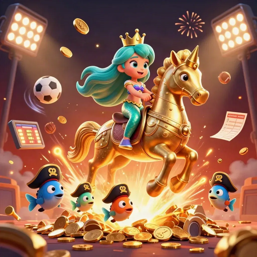 Mermaid princess on armored seahorse with pirate fish amid coins, trophies, balls, and fireworks