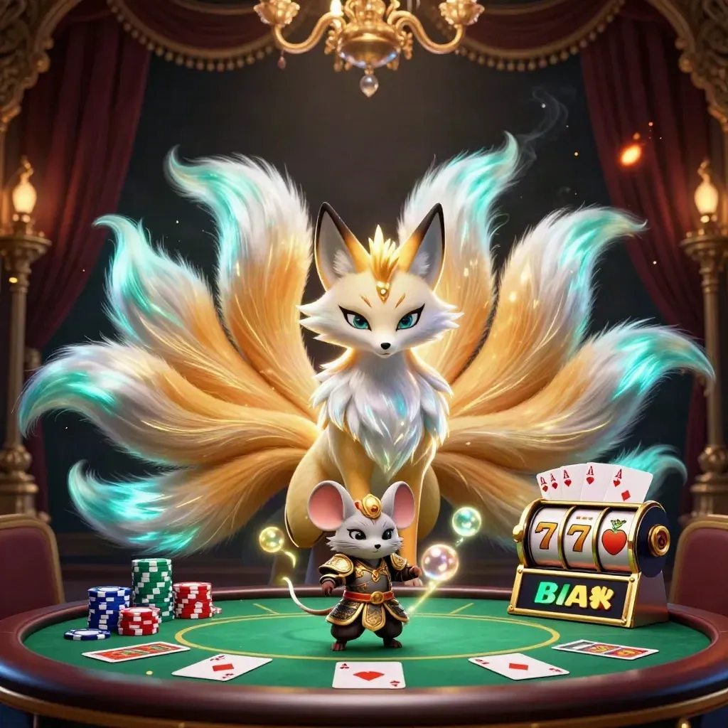 Nine-tailed fox spirit and armored mouse amid cards, chips, reels, and gold casino glow.