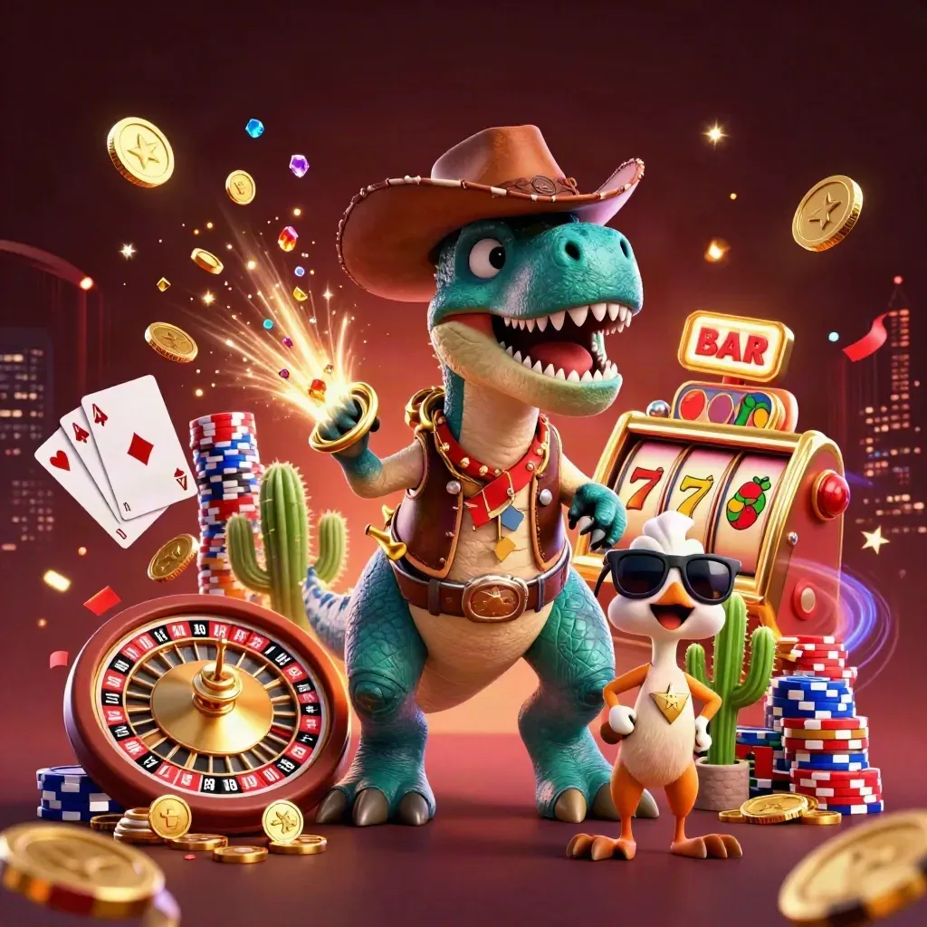 Cowboy T-Rex trio with casino effects exploding over a dark burgundy backdrop.