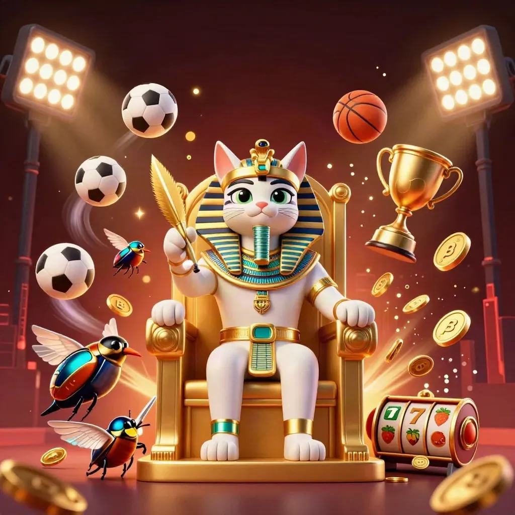 Pharaoh cat, ibis scribe, and gem-wing scarabs amid casino symbols and sports balls on a gold throne.