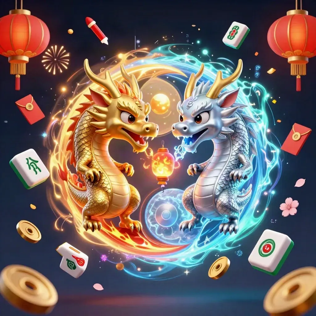 Gold and silver dragons forming a yin-yang with lantern spirit, casino symbols, teal and gold glow