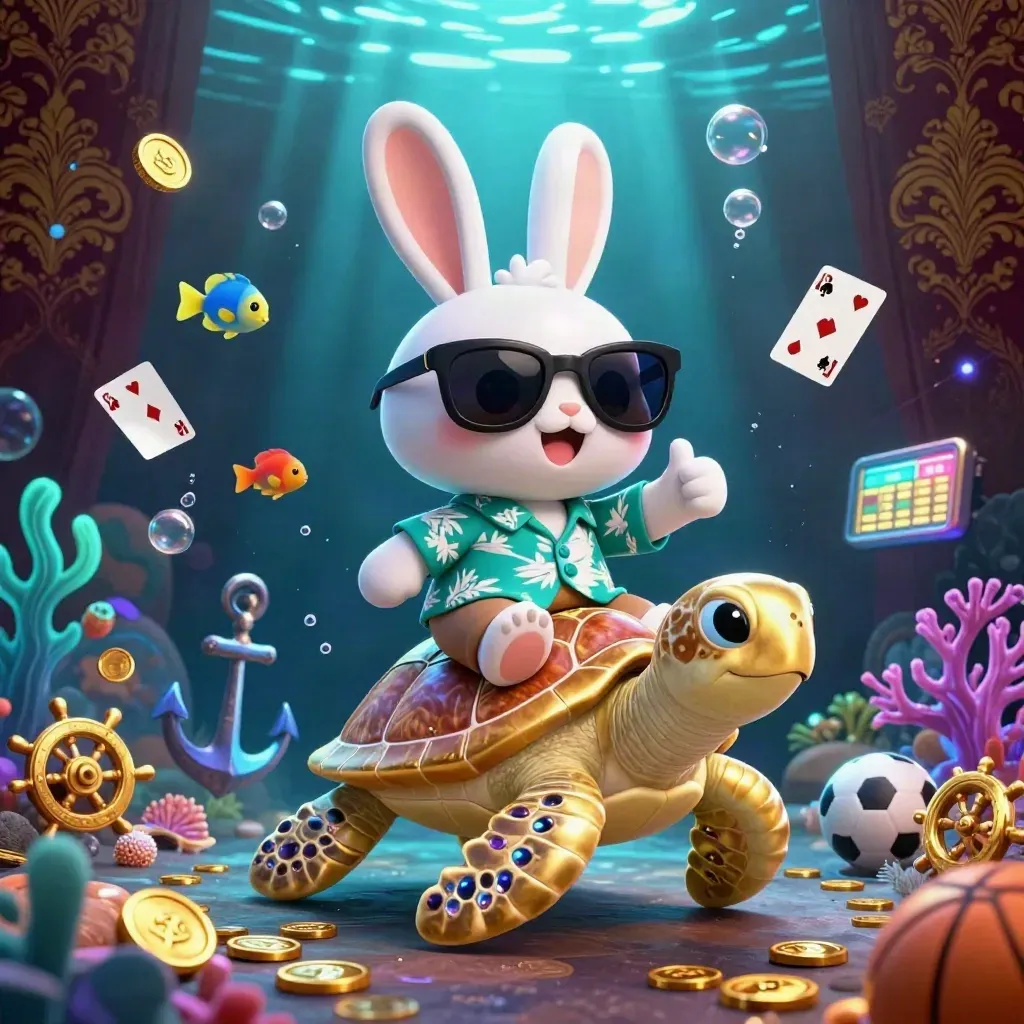 Lucky rabbit on a gem-shell turtle amid casino treasures, bubbles, and glowing underwater gold.