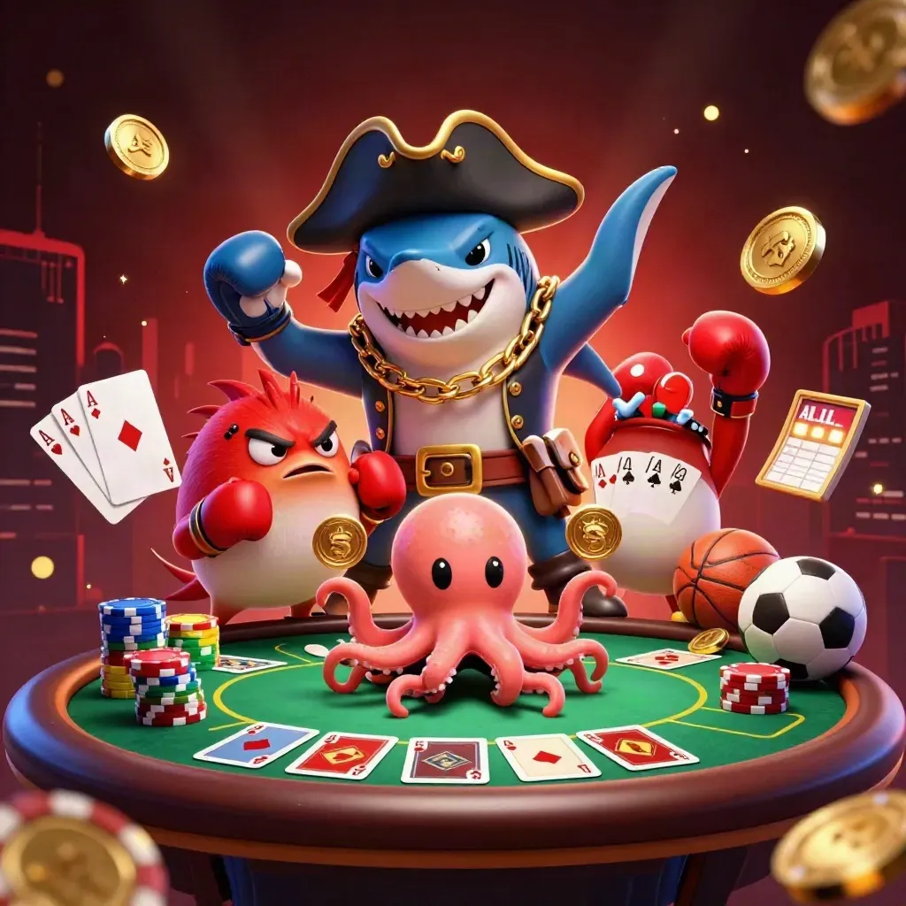 Pirate shark, boxing pufferfish, and juggling octopus amid casino chips and gold glow.