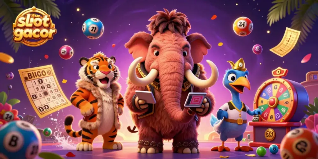 Experience the excitement of situs slot gacor with a colorful scene featuring a mammoth bouncer and dynamic casino elements.