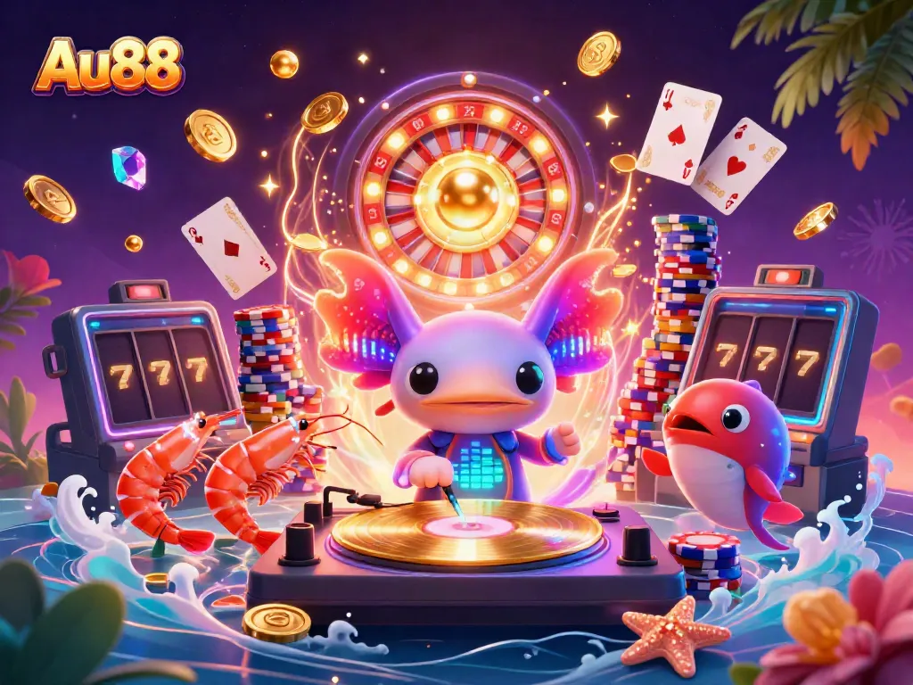 Catch winning moments at Au88 with a vibrant 3D casino scene featuring playful underwater characters.