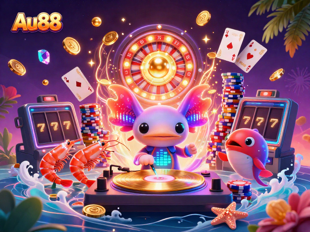 Catch winning moments at Au88 with a vibrant 3D casino scene featuring playful underwater characters.