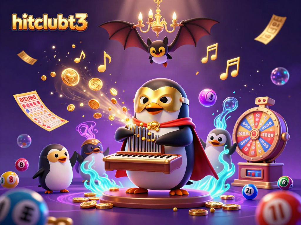 Experience hitclubt3 with a vivid 3D scene featuring a penguin playing for huge winnings in a rich, dynamic casino atmosphere.