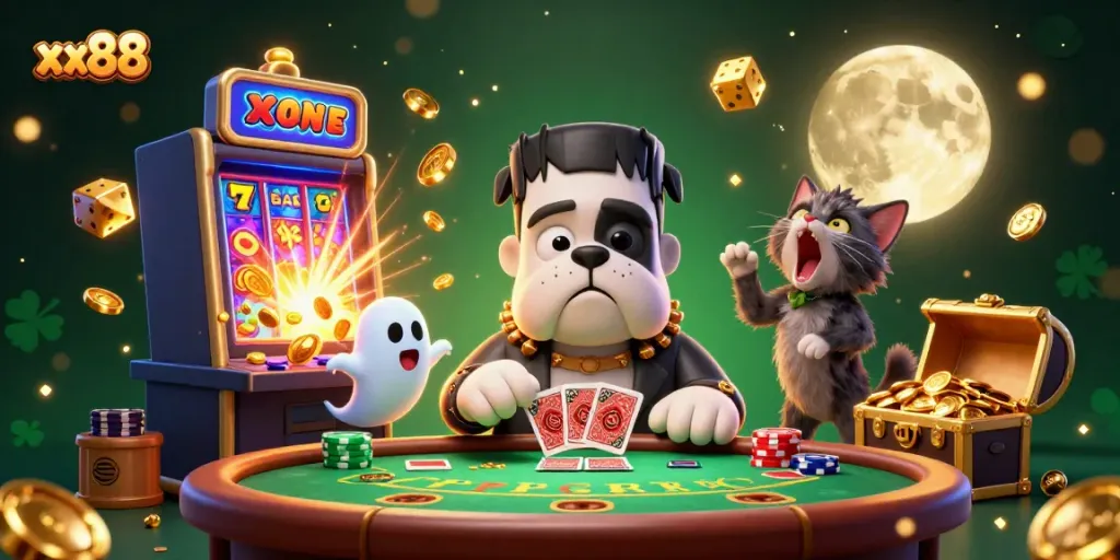 Experience thrilling baccarat action at xx88 with a whimsical 3D scene featuring a card-dealing bulldog monster and lucky game symbols.
