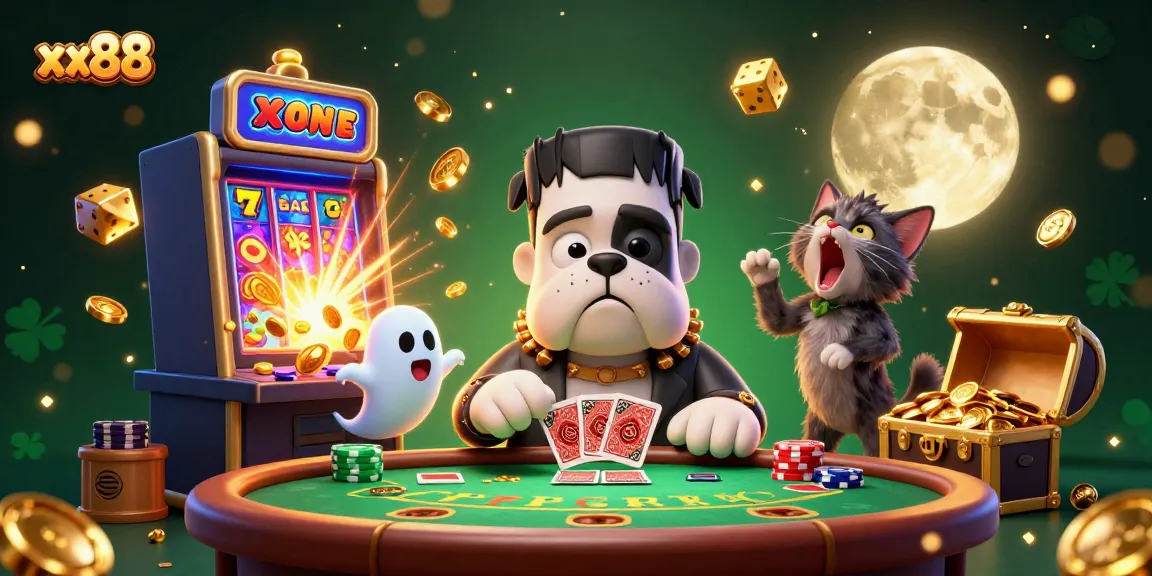 Experience thrilling baccarat action at xx88 with a whimsical 3D scene featuring a card-dealing bulldog monster and lucky game symbols.