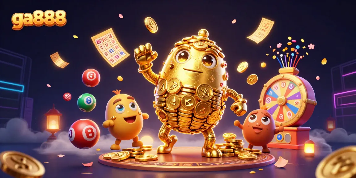 Experience exciting lottery action with ga888's vibrant 3D golden golem illustration amidst colorful symbols.