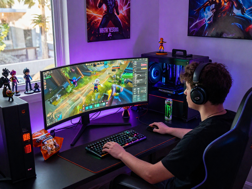 KOMBET168 gaming enthusiast immersed in vibrant gaming setup with colorful monitors and tech.