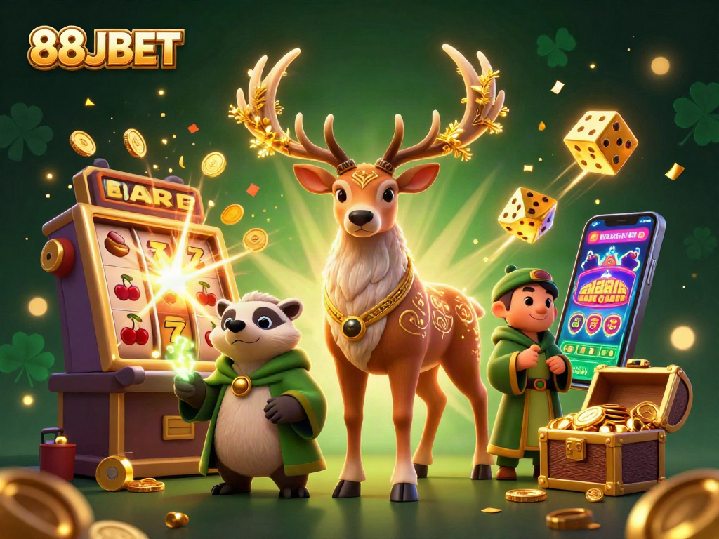 Play exciting casino games at 88JBET with vibrant 3D illustration of druid characters and slot machine bursts.
