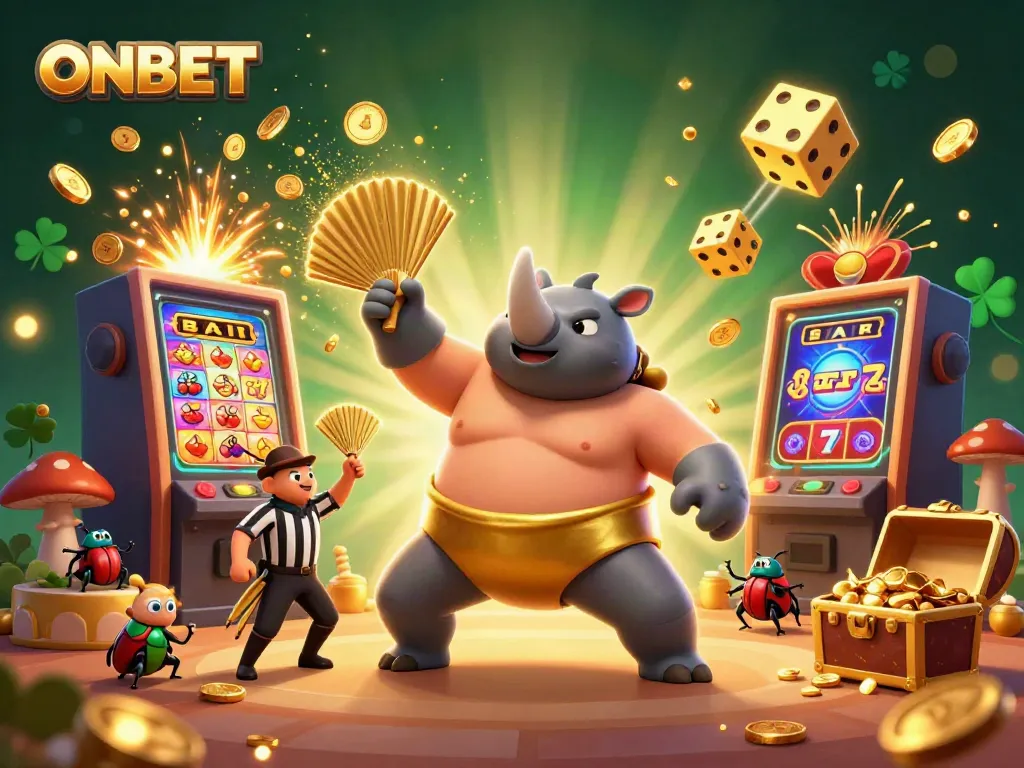 Experience the excitement of ONBET with a whimsical 3D scene featuring a sumo beetle champion and vibrant casino elements