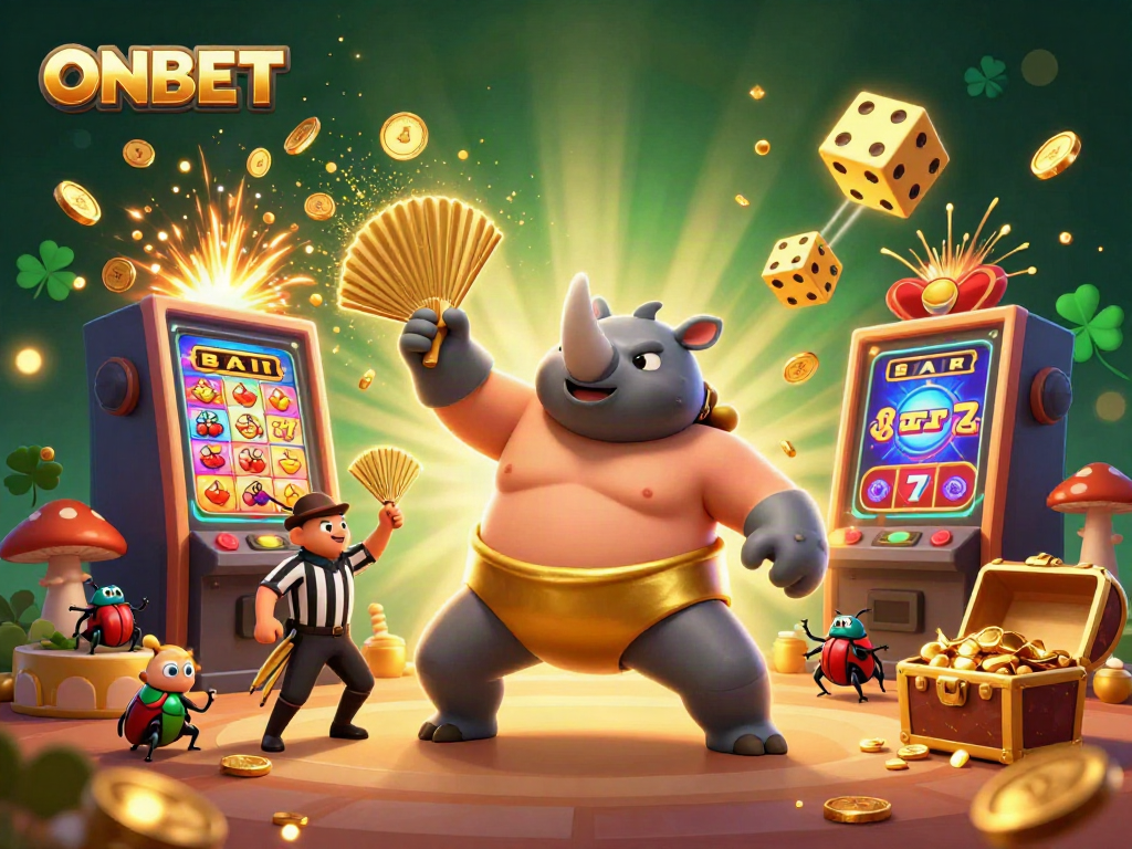 Experience the excitement of ONBET with a whimsical 3D scene featuring a sumo beetle champion and vibrant casino elements