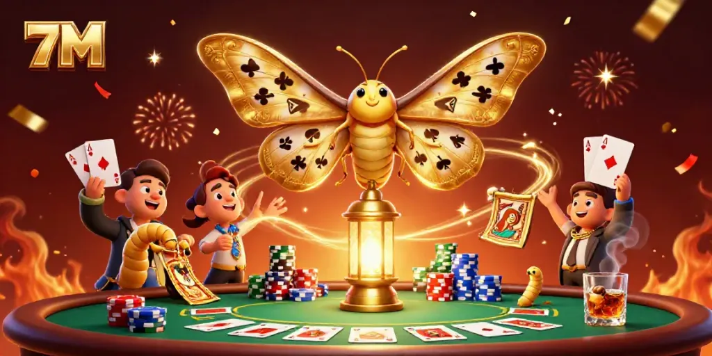 7M showcases massive poker chips and playing cards in a vibrant casino scene, enhancing betting excitement.