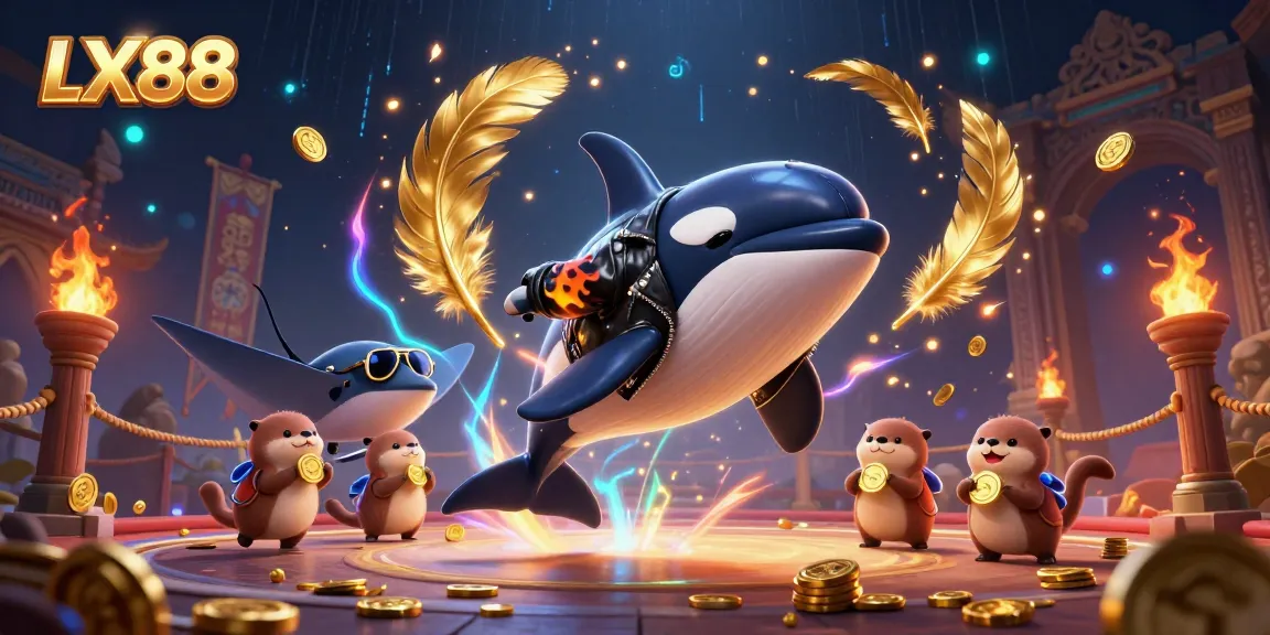 Experience excitement at LX88 with animated sea creatures and golden casino elements in a vibrant illustration.