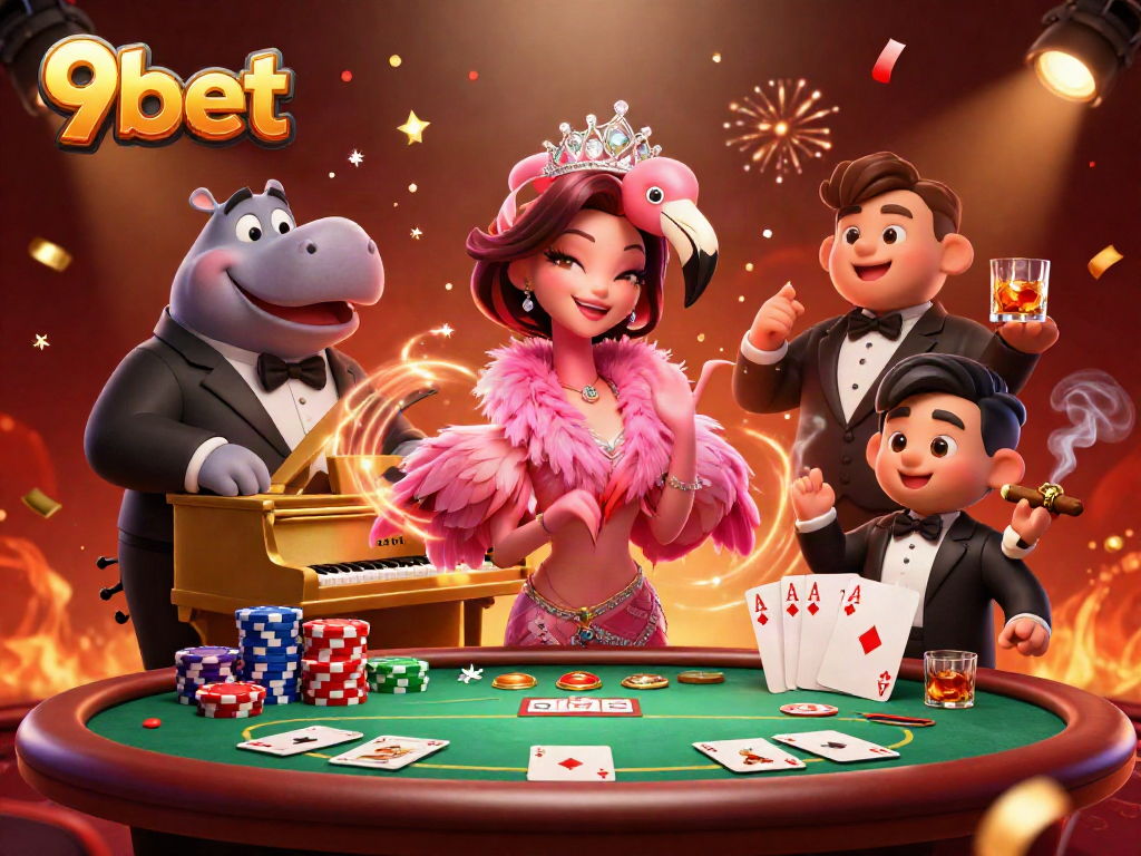 Experience thrilling entertainment at 9bet with a vibrant casino scene showcasing a flamingo singer and hippo bassist.