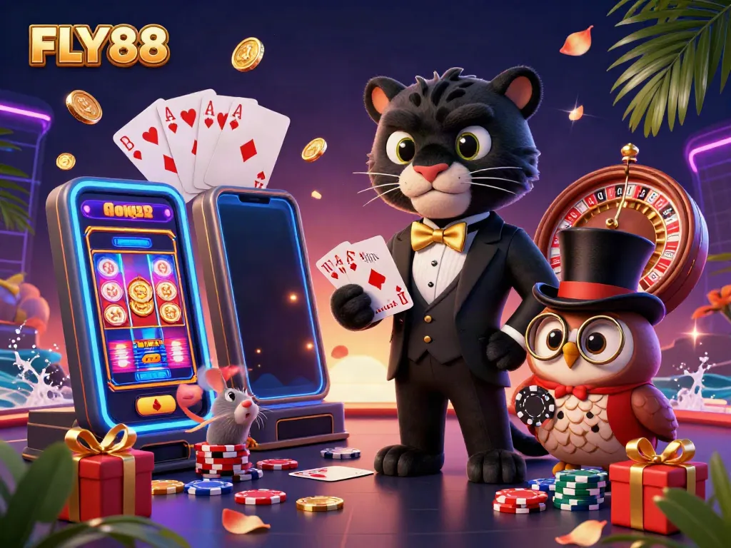 FLY88 casino scene with a panther dealer, owl with poker chips, and a lucky mouse, vibrant gaming elements.