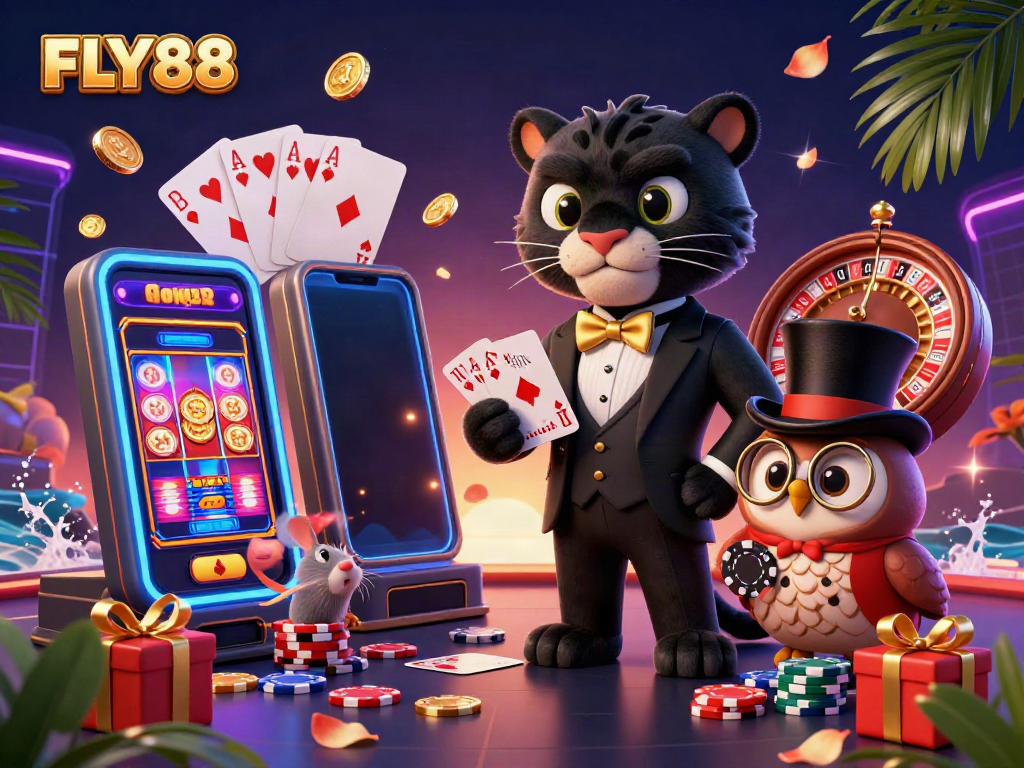 FLY88 casino scene with a panther dealer, owl with poker chips, and a lucky mouse, vibrant gaming elements.