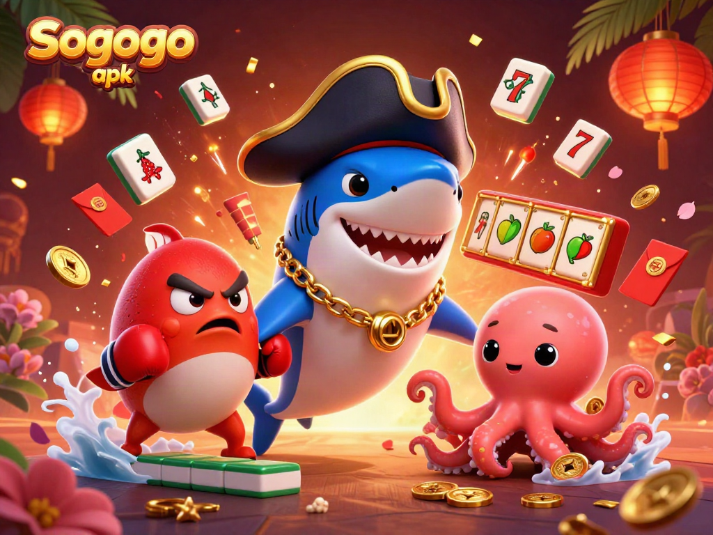 Sogogo apk showcases a lively scene with a pirate shark, pufferfish, and octopus among casino elements for gaming excitement.