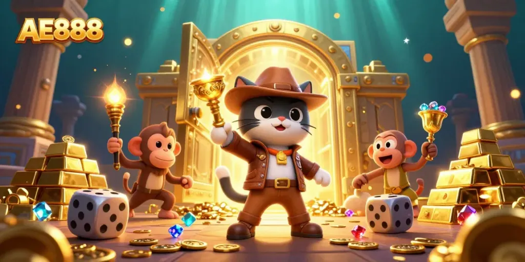 Engage in the thrilling AE888 adventure as a cat archaeologist uncovers riches within a vibrant casino-themed scene.