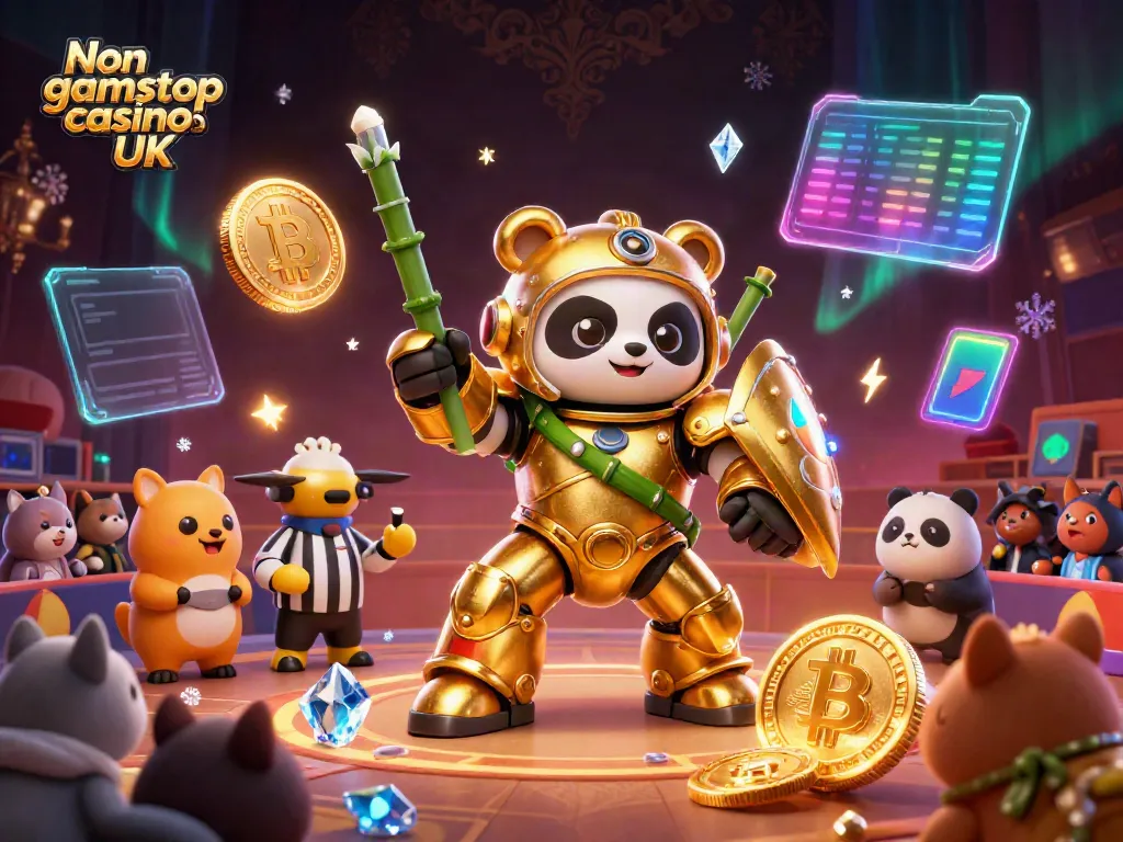Engaging scene of Non gamstop casinos UK illustrated with mech-suit panda in action, vibrant gaming elements.