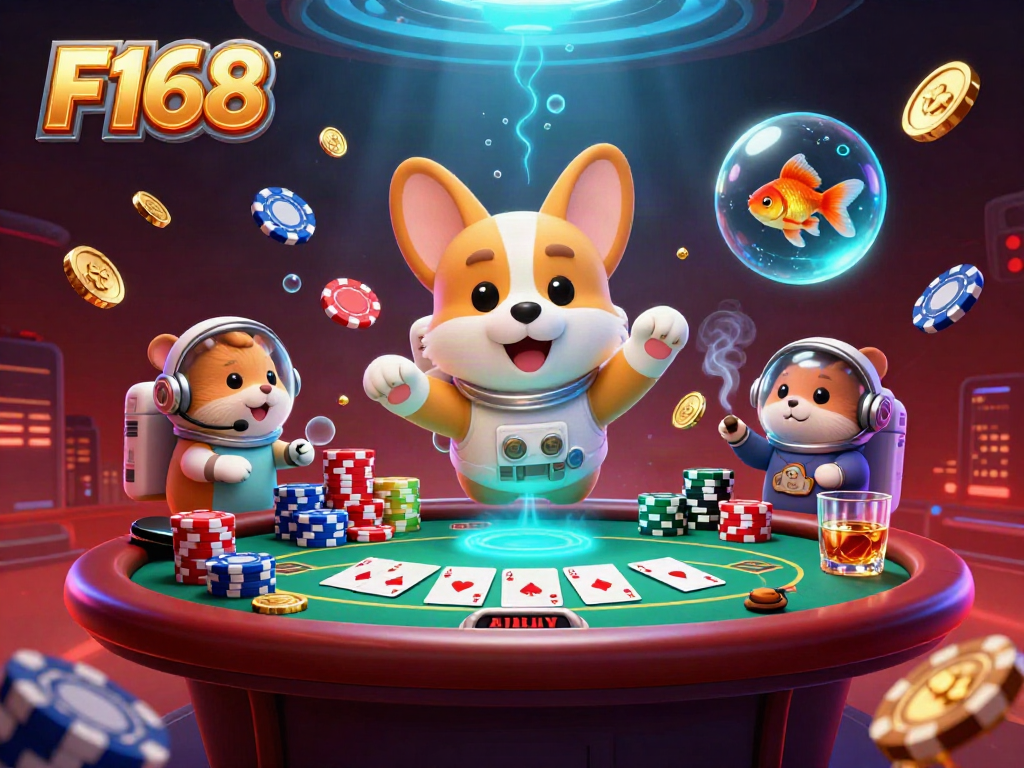 Experience the thrilling F168 casino adventure with a 3D astronaut corgi amidst drifting poker chips and winnings.