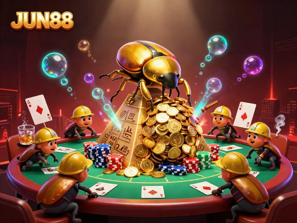 Experience thrilling gaming at JUN88 with a vibrant casino scene featuring golden treasures and classic poker elements.