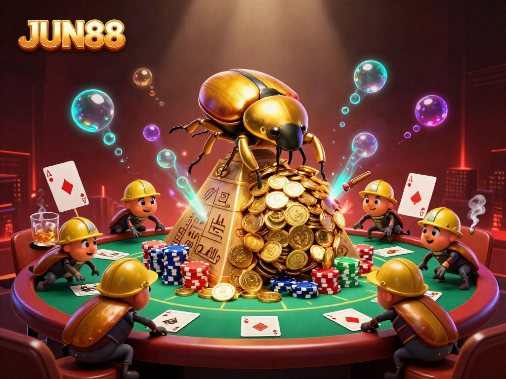 Experience thrilling gaming at JUN88 with a vibrant casino scene featuring golden treasures and classic poker elements.
