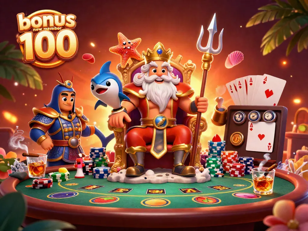 Engaging scene of sea king Neptune surrounded by vibrant poker and slot elements showcasing bonus new member 100.