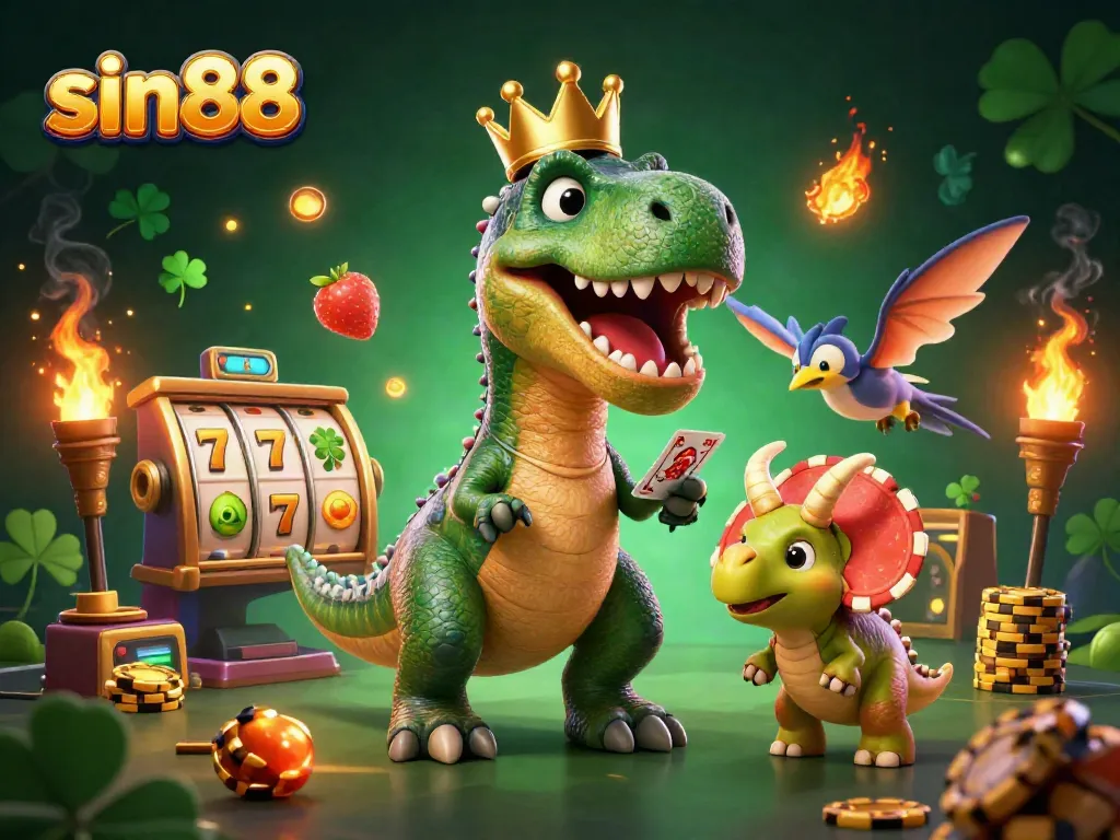Enjoy gaming thrills at sin88 with a playful T-Rex character juggling slot reels and chips in a vibrant casino scene.