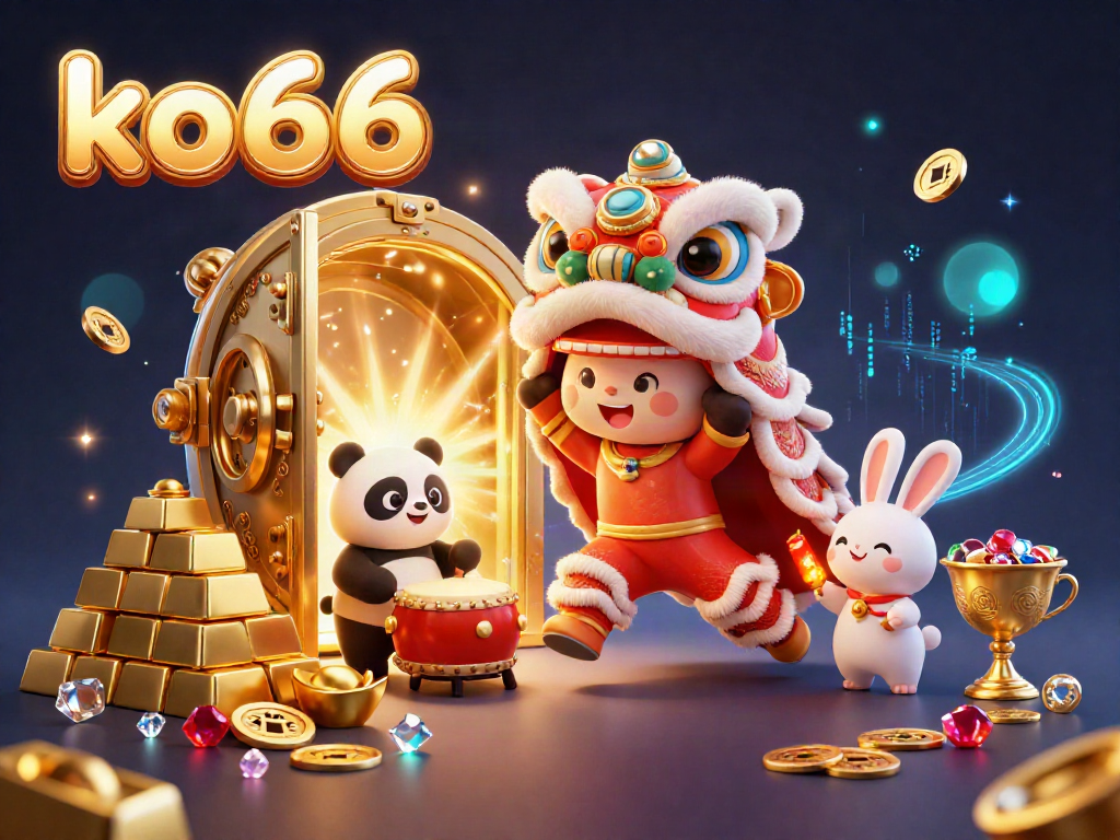 Experience thrilling moments at ko66 with vibrant 3D lion dance characters surrounded by treasures and gaming excitement.