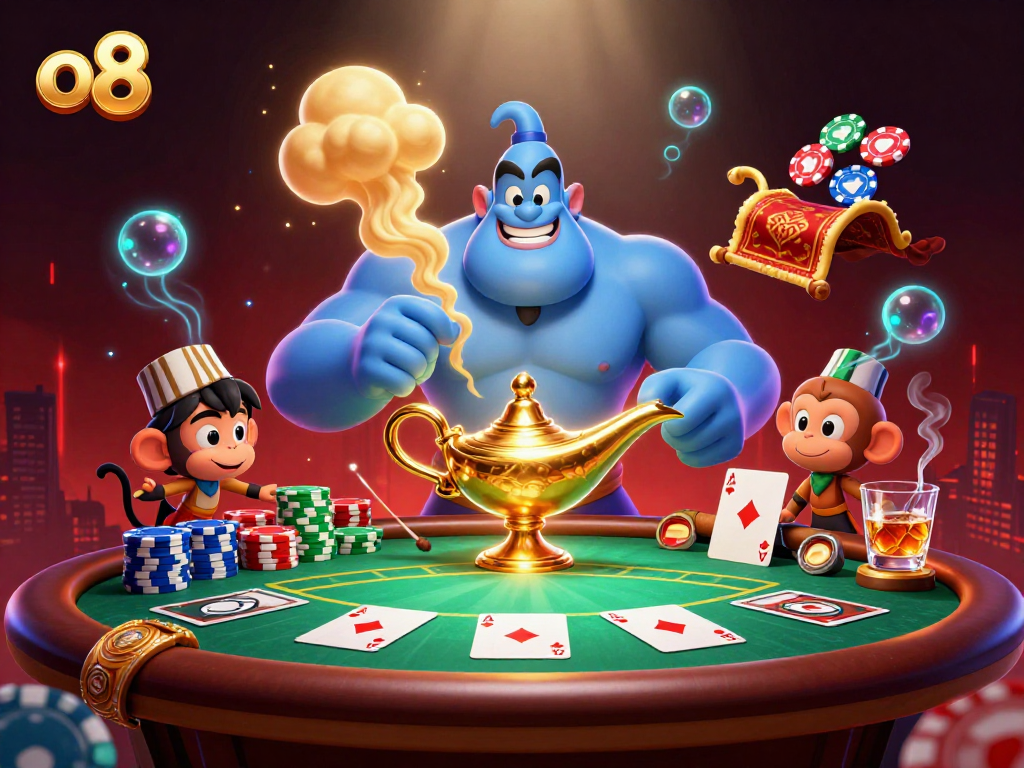 Join the excitement at o8's casino with a dynamic scene featuring vibrant poker elements and engaging characters.