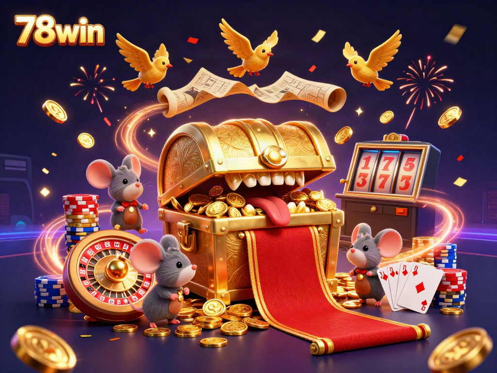 Engage with 78win's vibrant casino world featuring a golden treasure chest and dynamic gaming elements.