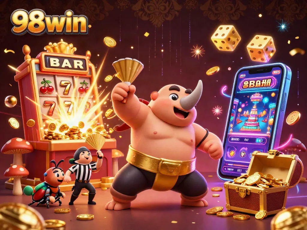 98win offers an exciting casino experience with a 3D beetle champion amidst flying coins.