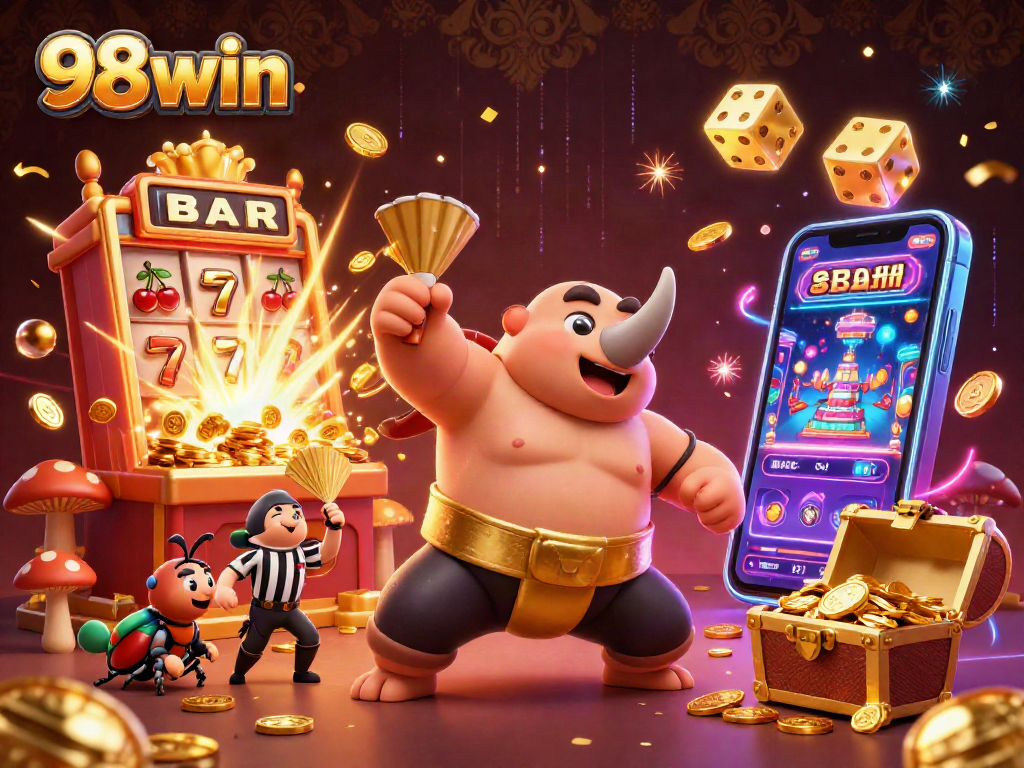 98win offers an exciting casino experience with a 3D beetle champion amidst flying coins.