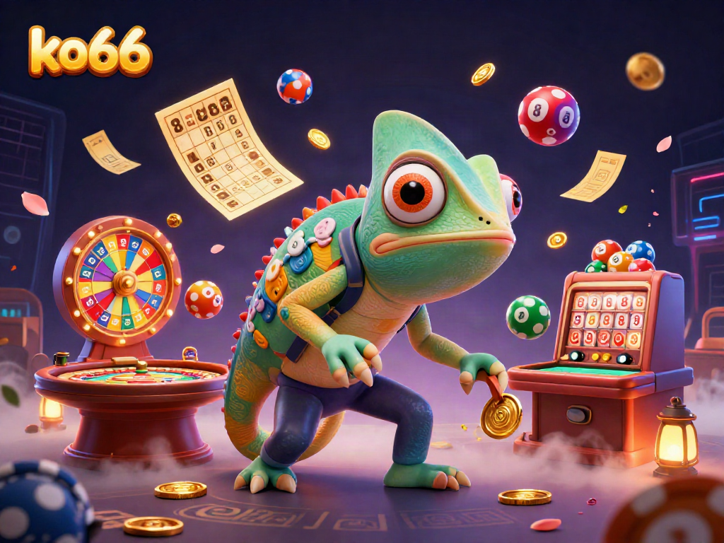 Spin to win with ko66's vibrant casino experience featuring chameleon owner and bouncing lottery balls.