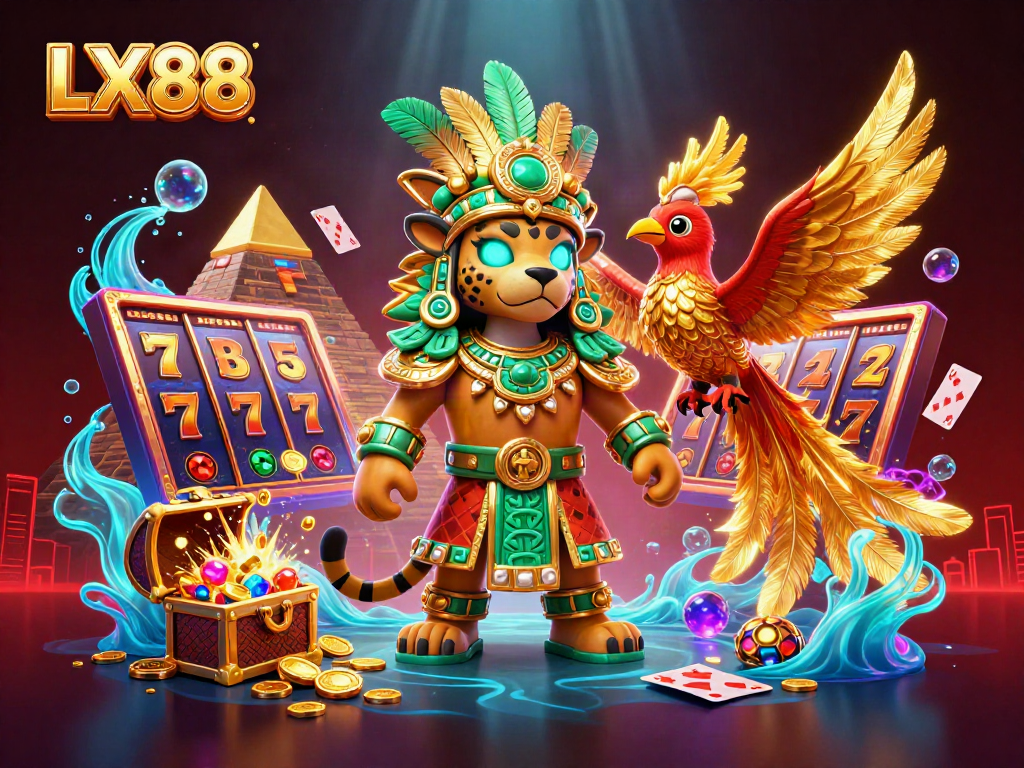 Experience thrilling wins with LX88, featuring a vibrant casino scene with jackpot symbols and dynamic game visuals.