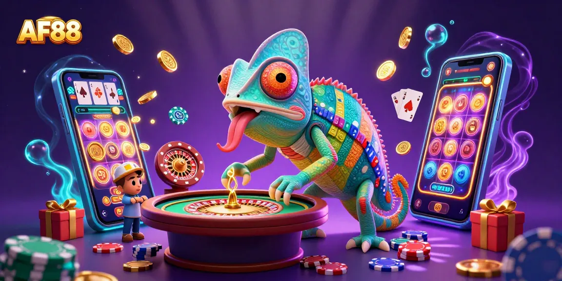 AF88 casino design showcases a vibrant chameleon owner amidst dynamic gaming elements.