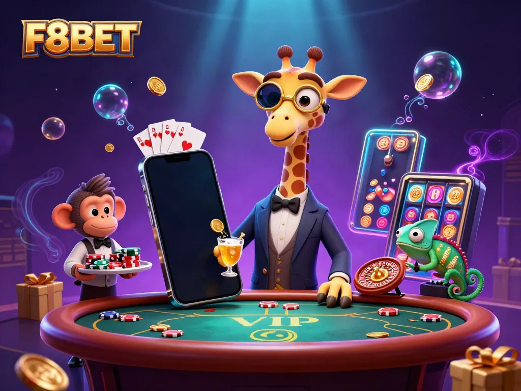 Experience F8BET's thrilling atmosphere with a vibrant 3D illustration of gaming excitement.