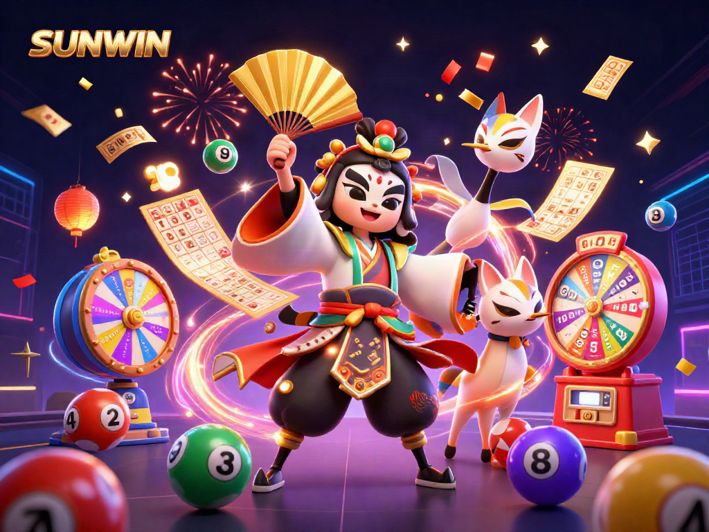 Experience thrilling gameplay with SUNWIN in this vibrant, dynamic casino illustration featuring a kabuki warrior.