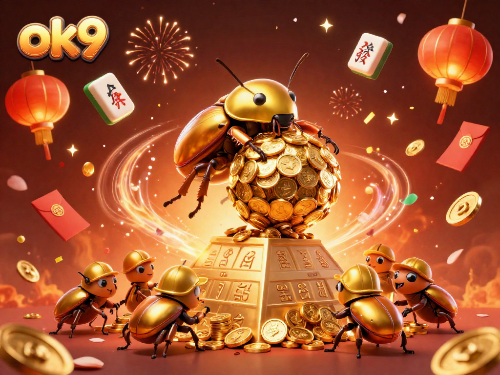 Place bets at ok9 with exciting visuals of the golden beetle and casino symbols.