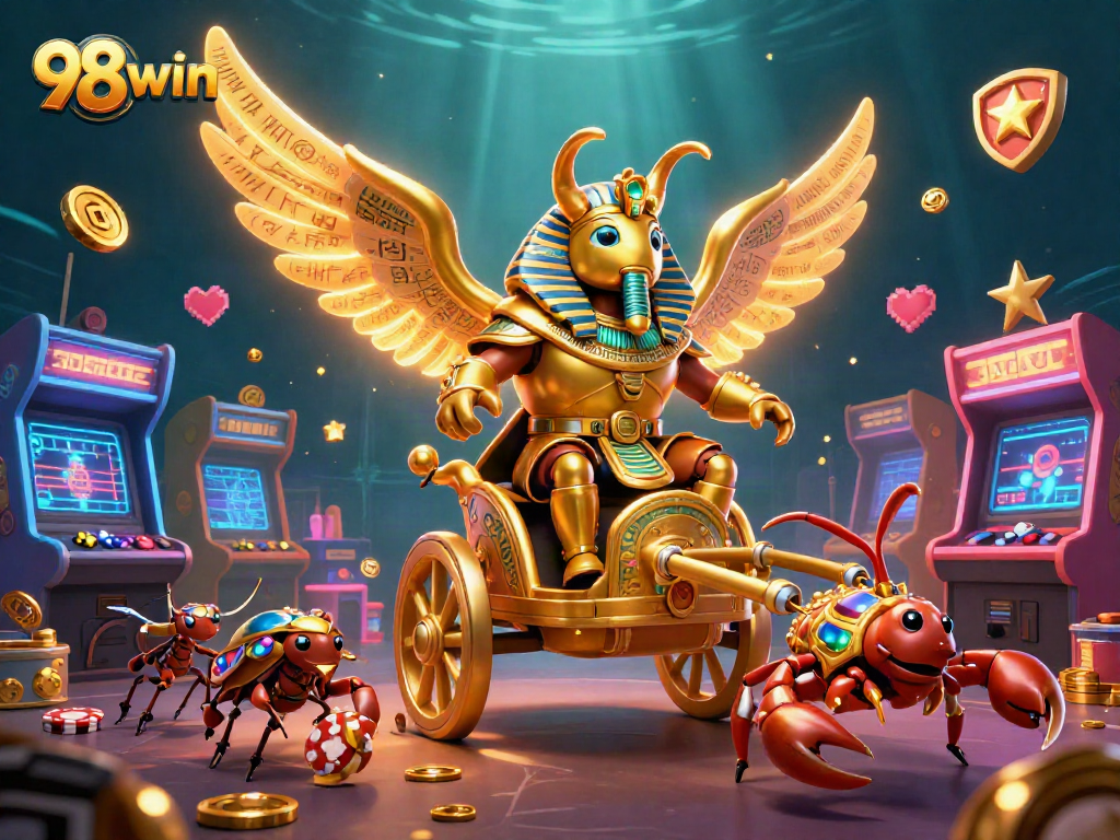 Engage with 98win's thrilling gaming atmosphere, featuring a golden scarab chariot and scorpions.